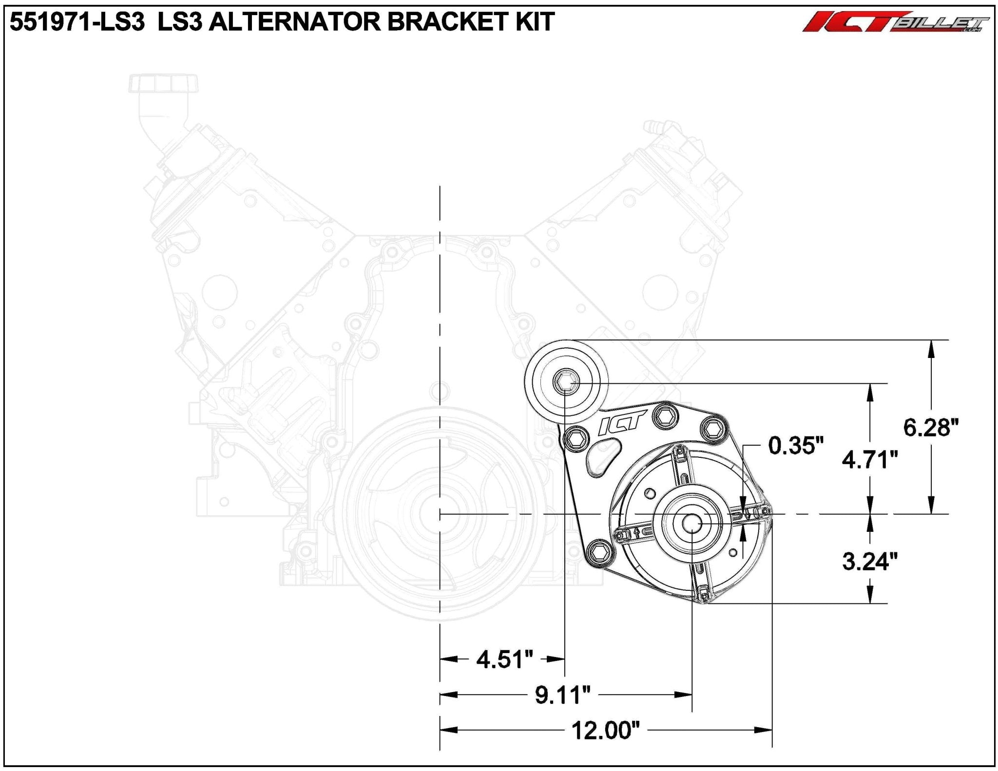 LS3 style Billet Low Mount Alternator Bracket Kit w/ Pulley for LS1 Camaro Spacing - ICT Billet 551971-LS3-2