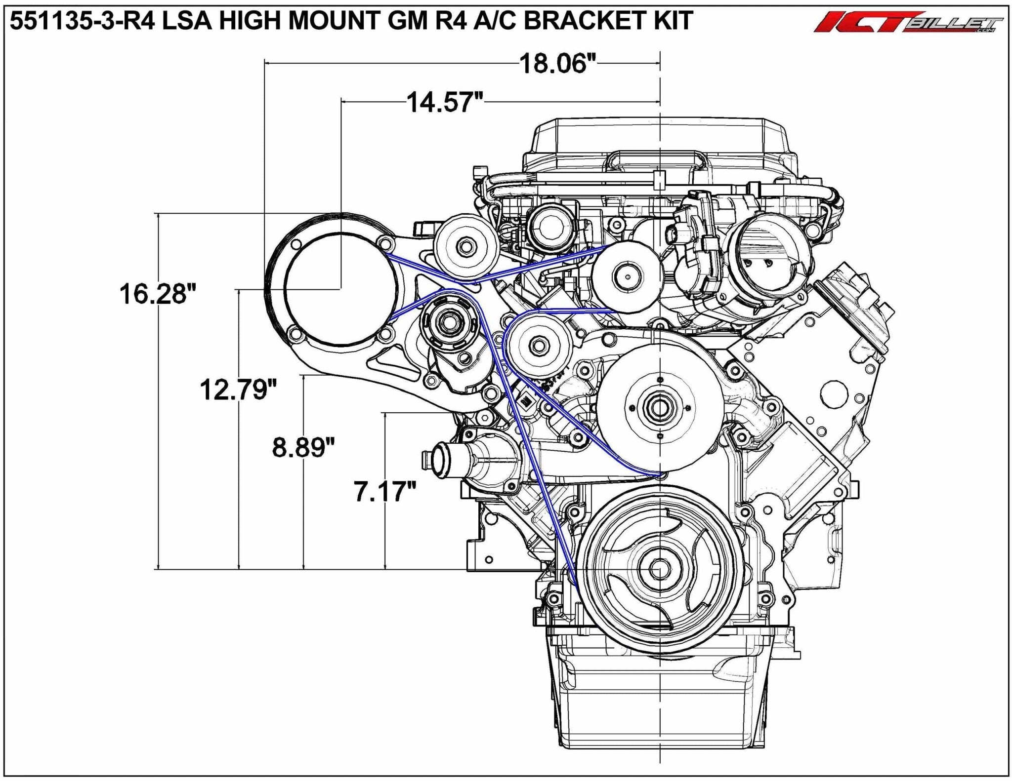 LSA Supercharger High Mount A/C GM R4 Compressor Bracket Kit CTS - V ZL1 6 - Rib - ICT Billet 551135-3-R4