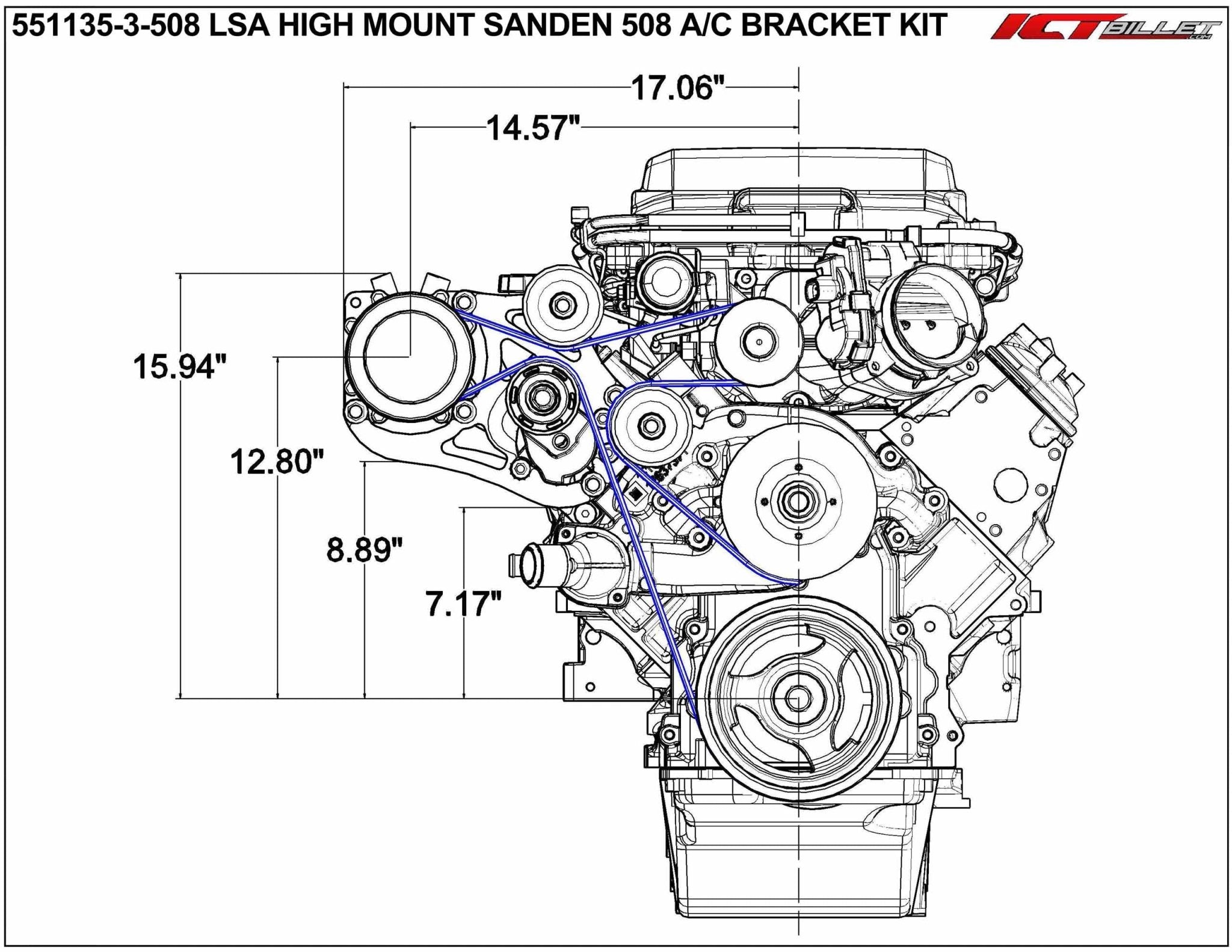 LSA Supercharger High Mount A/C Sanden 508 709 Compressor Bracket Kit CTS - V ZL1 - ICT Billet 551135-3-508