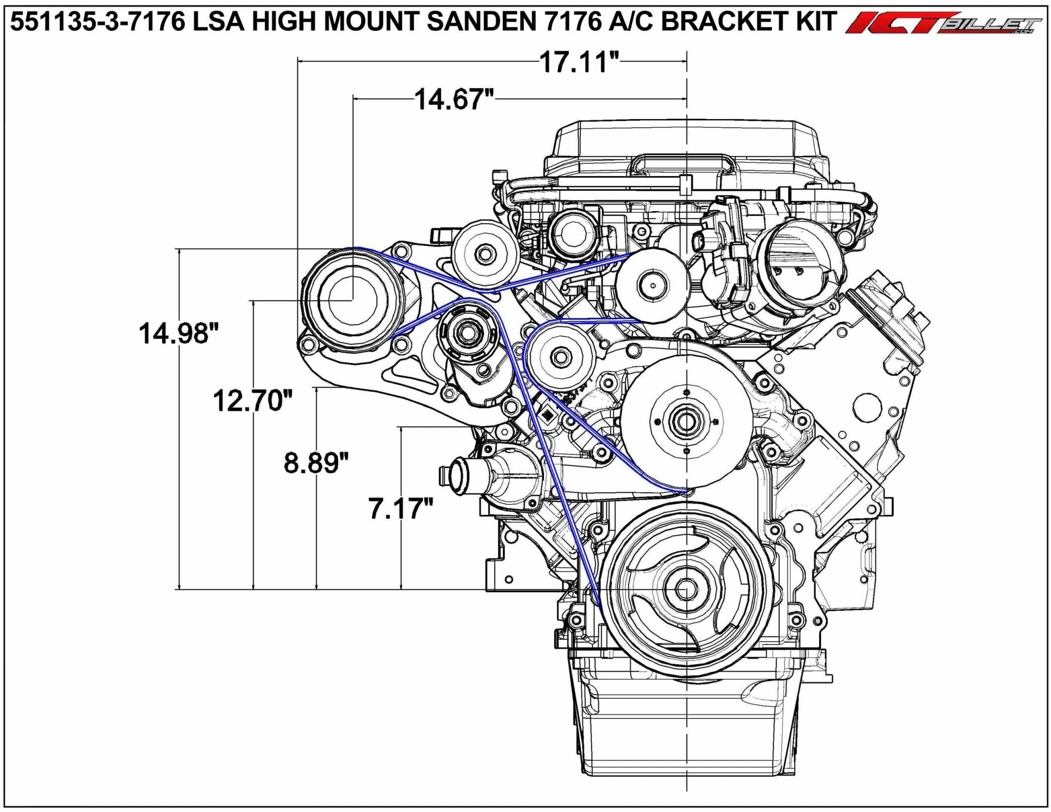 LSA Supercharger High Mount A/C Sanden 7176 Compressor Bracket Kit CTS - V ZL1 SD7 - ICT Billet 551135-3-7176