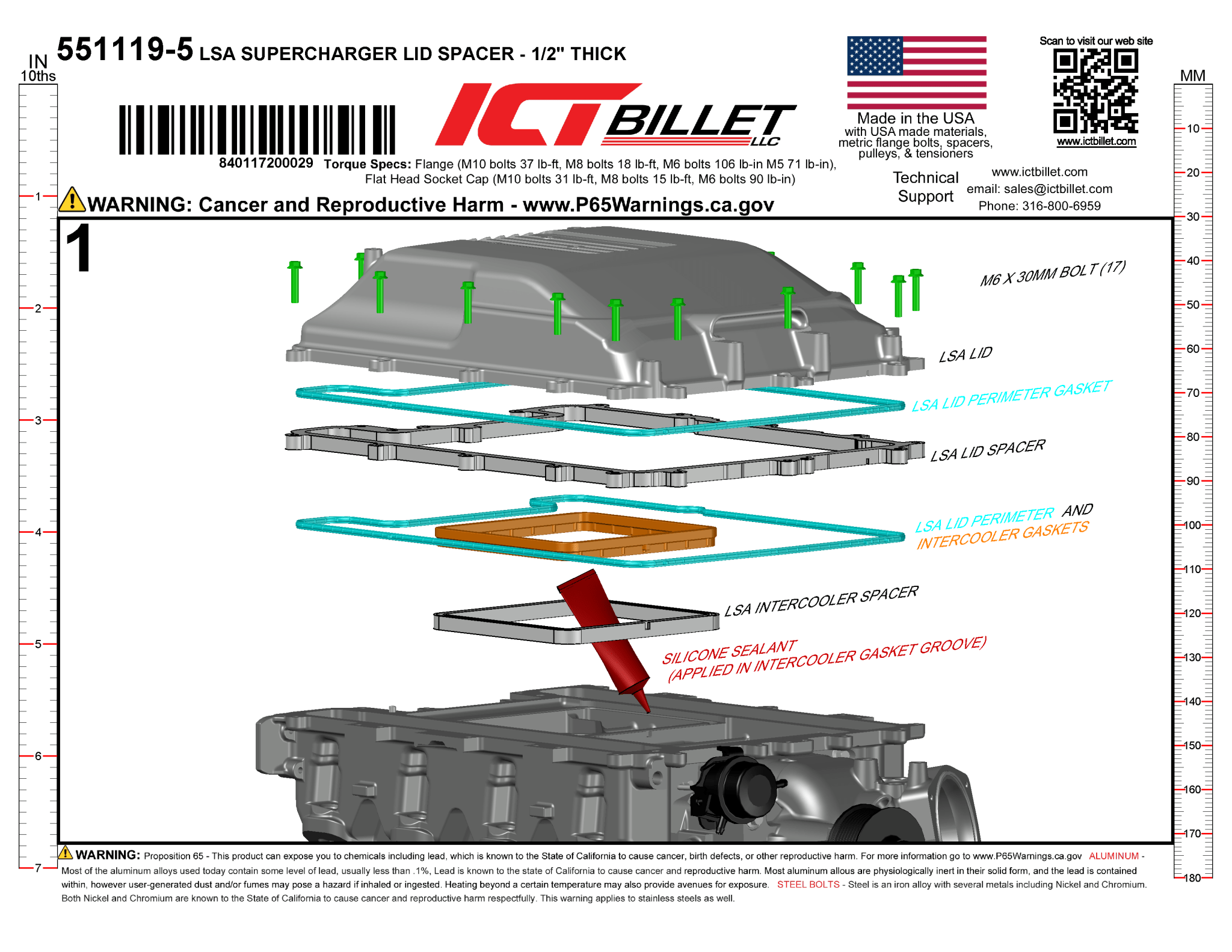 LSA Supercharger Lid Spacer CTS-V Camaro ZL1 1/2" .500 Hat Riser Plate - ICT Billet 551119-5