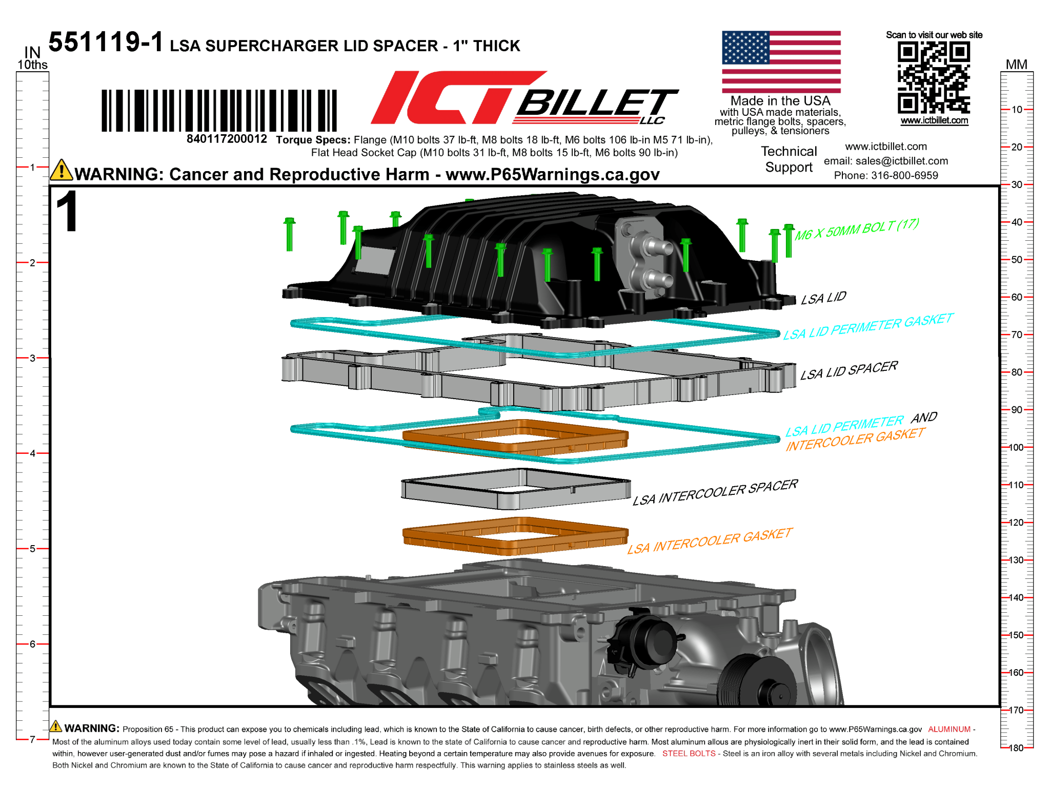 LSA Supercharger Lid Spacer CTS-V ZL1 Camaro 1" - ICT Billet 551119-1