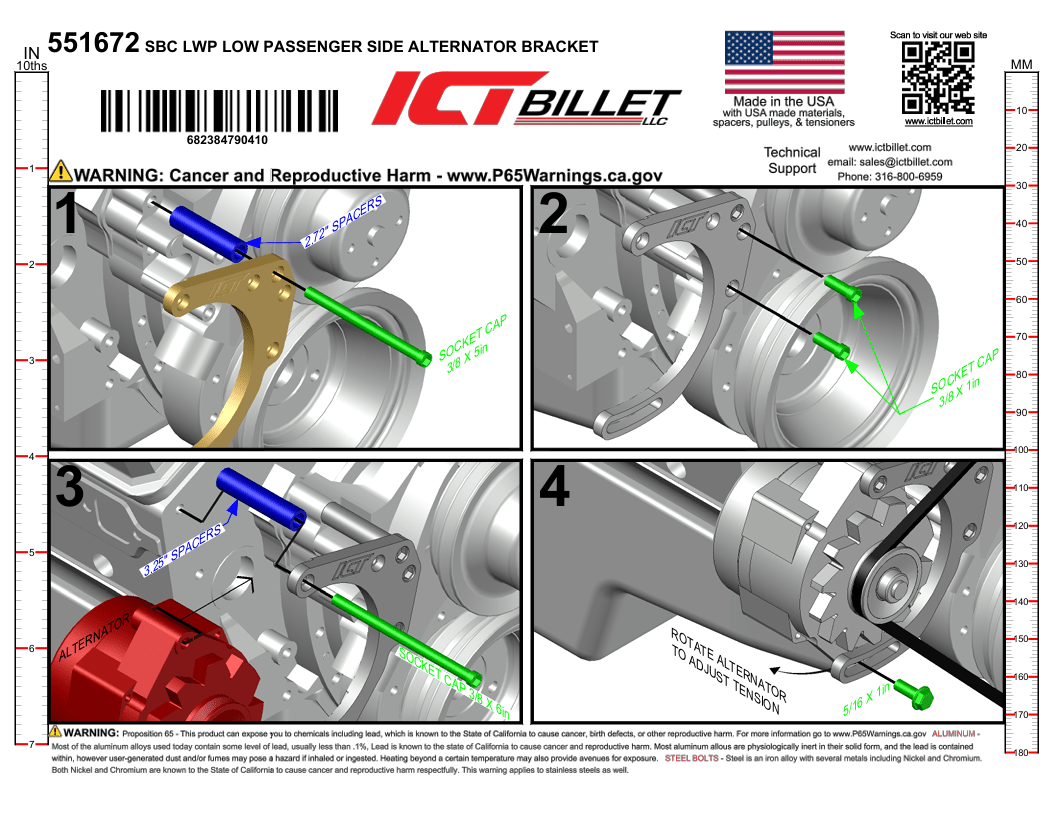 SBC LWP Alternator Bracket - Head & WP Mounted - ICT Billet 551672