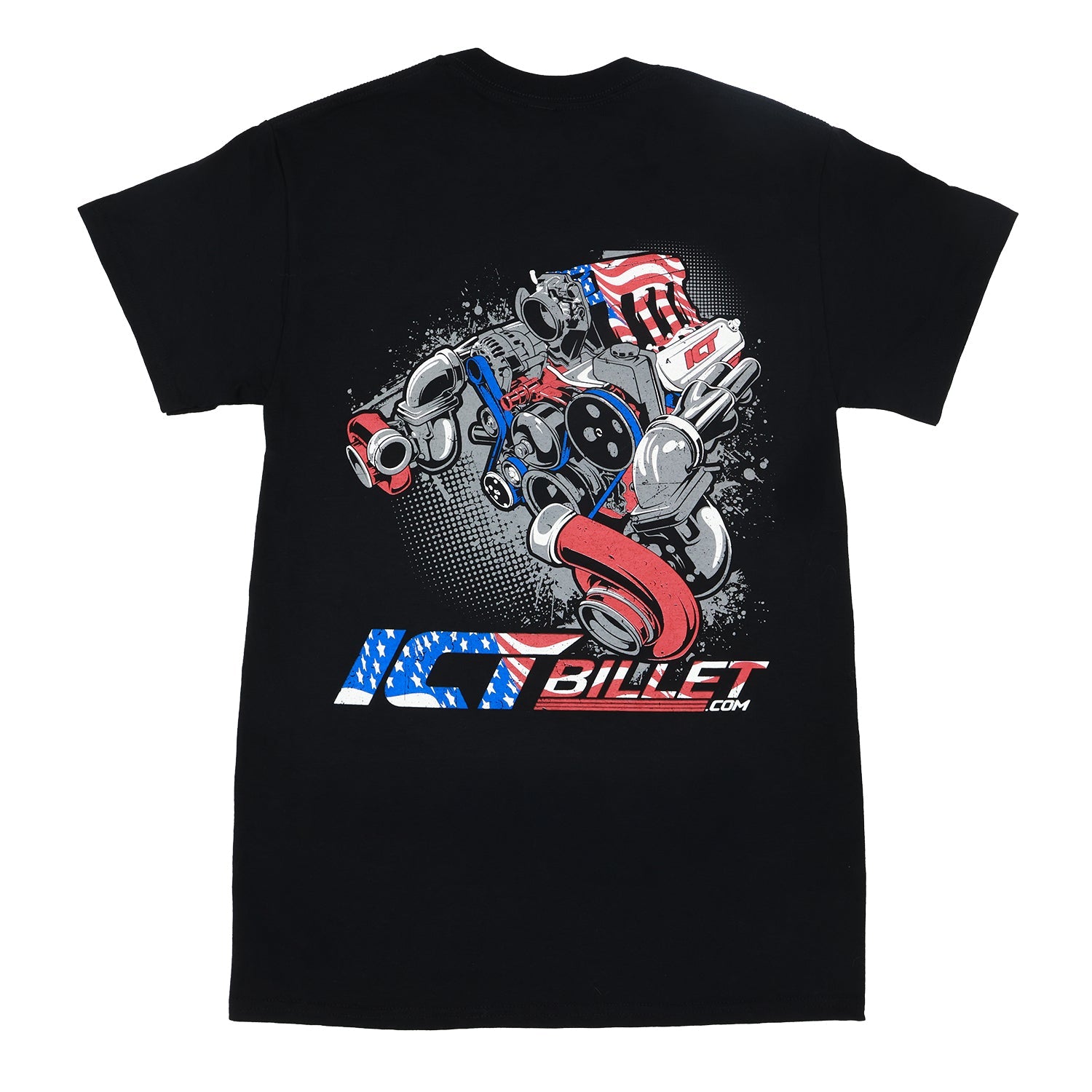 Twin Turbo – ICT Billet American Flag Engine T-Shirt - ICT Billet TT-SHIRT-S
