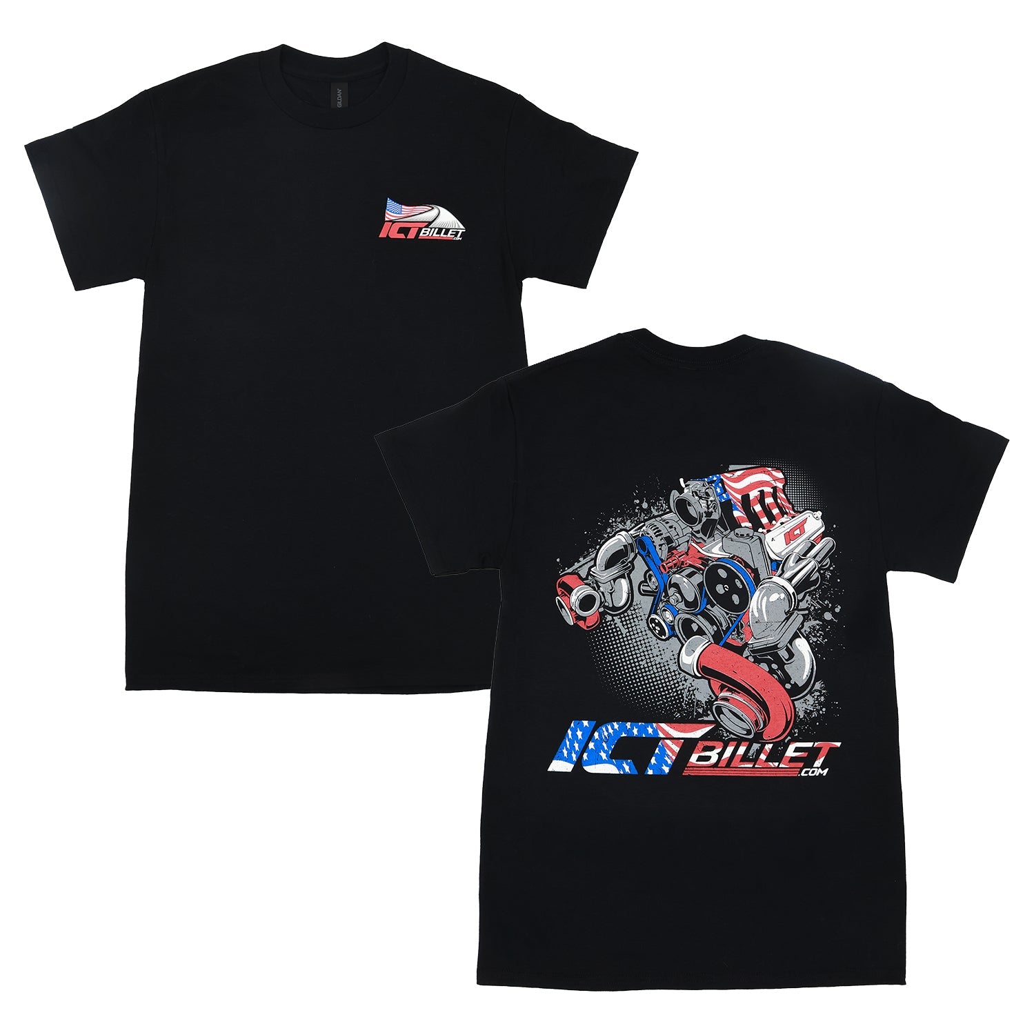 Twin Turbo – ICT Billet American Flag Engine T-Shirt - ICT Billet TT-SHIRT-S